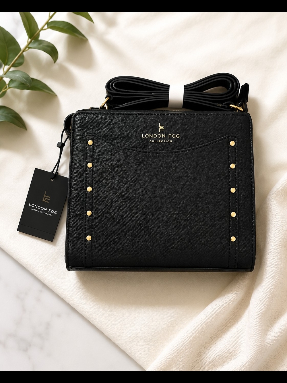 London Fog Black Crossbody with Gold Stud Accents